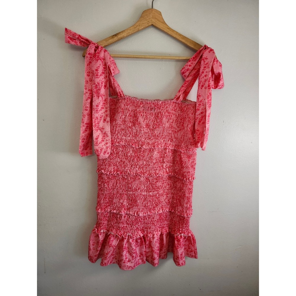 ChcMe Pink Floral Smocked Mini Dress Small Tie Shoulder Coquette Cottagecore 🌸 - Picture 4 of 12